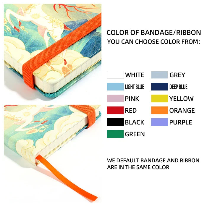 Custom printed leatherette paper notebook with colorful ribbon and elastic band options.