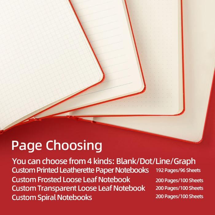 Custom printed leatherette paper notebooks with blank, lined, graph, and dotted pages.