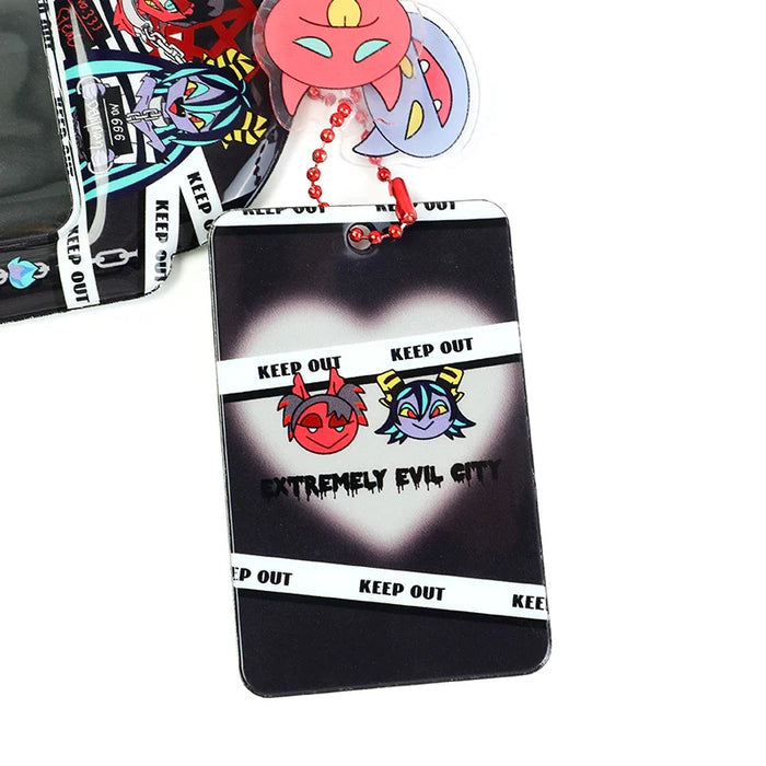 Custom PVC photocard holder with cartoon demon faces, 'Keep Out' tape, and heart design.