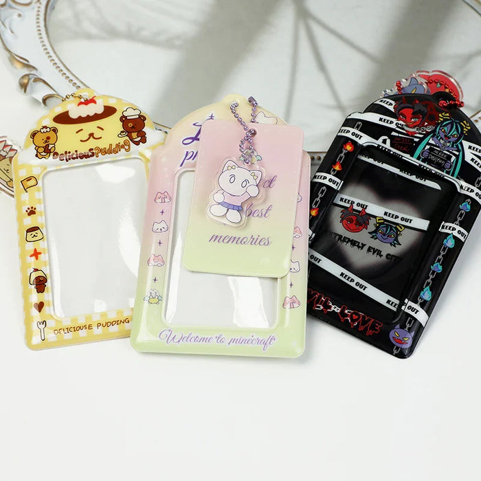 Assorted custom PVC photocard holders with cute cartoon and colorful designs on white background