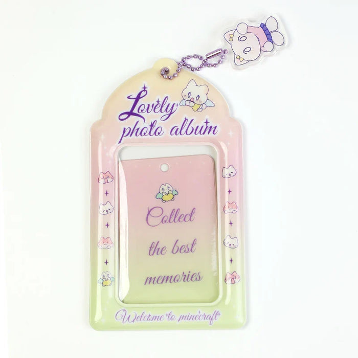 Cute pastel photo card holder with cartoon cat design, keychain, and 'Lovely photo album' text.