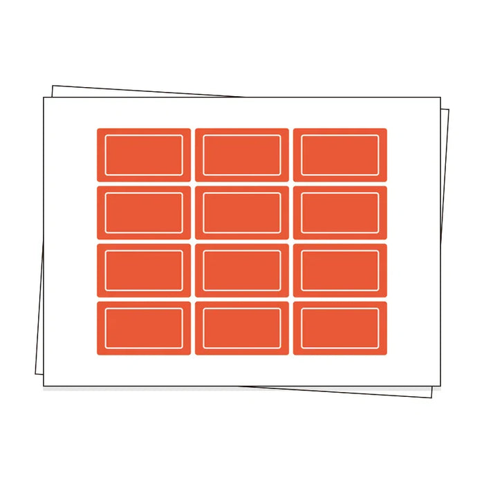 Sheet of custom rounded corner rectangle labels, orange stickers with white border.