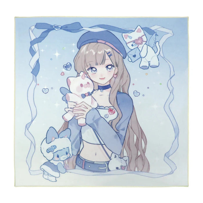 Anime girl with long hair holding plush toy, pastel blue cloth wrap, surrounded by cute animals