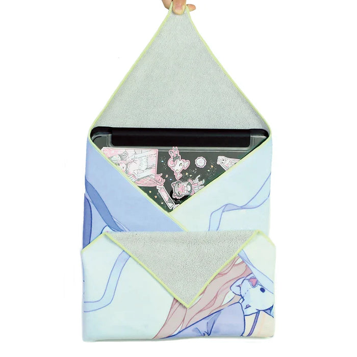 Custom reusable cloth laptop sleeve with anime-style design and pink stickers inside