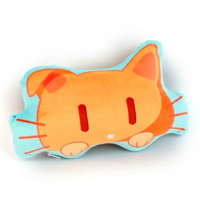 Custom orange cat-shaped throw pillow with blue border and cute cartoon face