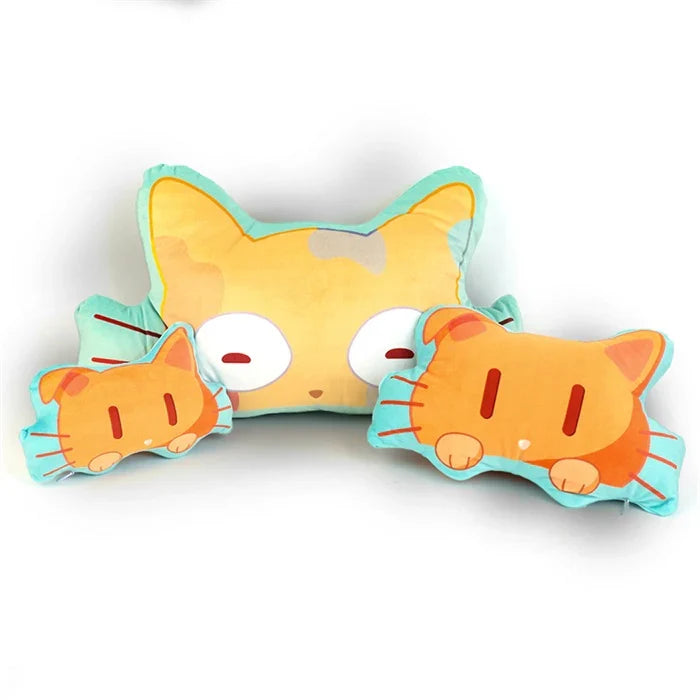 Custom shaped throw pillows with cute orange cartoon cat design on a white background
