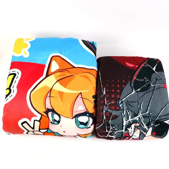 Two folded custom coral fleece blankets with colorful anime character prints