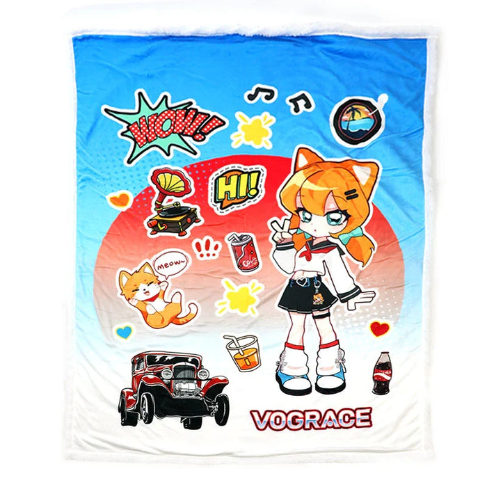 Custom coral fleece blanket with cute anime girl, cat, vintage car, and colorful cartoon icons