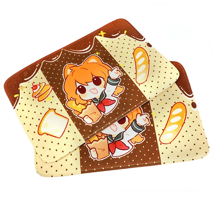 Custom coral fleece floor mats with cute anime girl illustration, bread and dessert prints