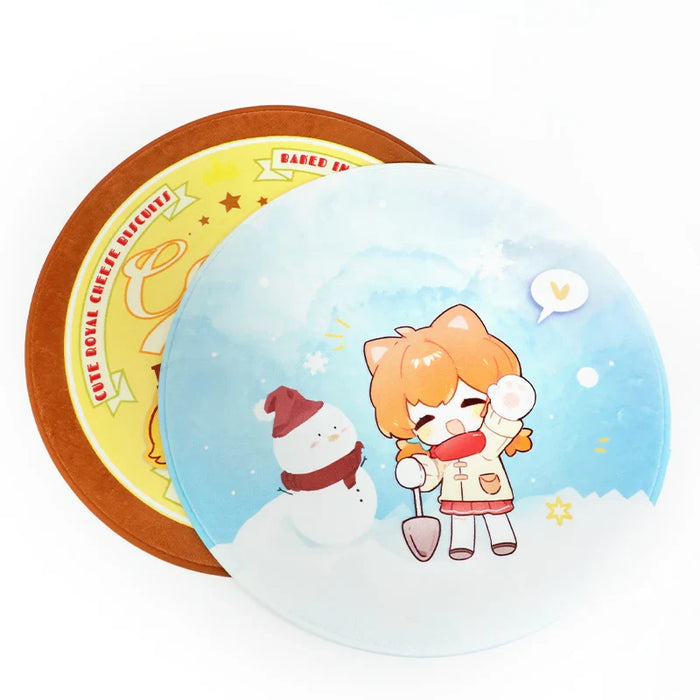 Custom round coral fleece floor mats with cute anime and biscuit designs, perfect for home decor.