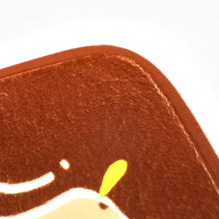 Close-up of a custom coral fleece floor mat with brown edge and printed pattern