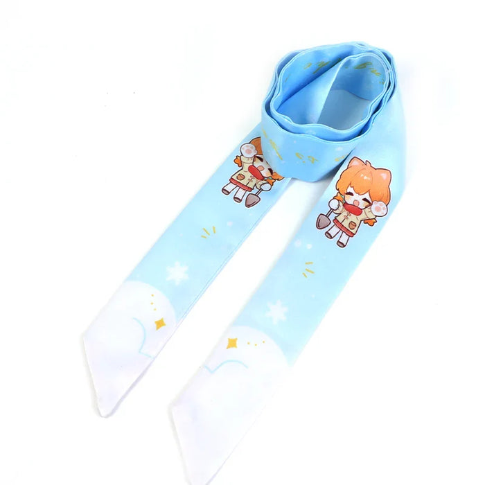 Light blue custom silk scarf with cute anime character and snowflake design on white background