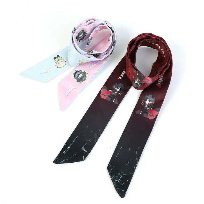 Custom silk scarves with colorful anime character prints on pastel and dark backgrounds