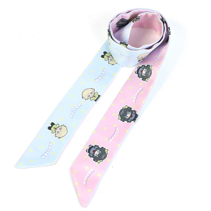 Custom silk scarf with pastel anime character designs on light blue and pink background.
