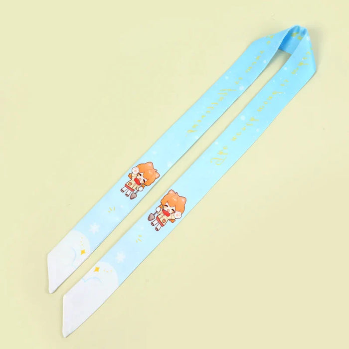 Custom blue silk scarf with cute anime character and winter snowflake design