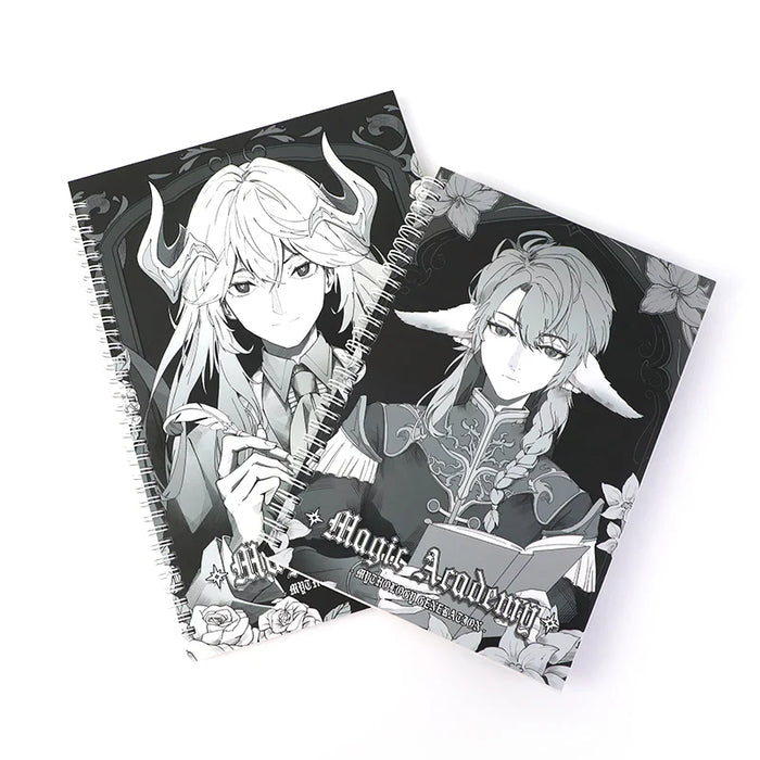 Custom spiral sketchbooks with fantasy anime character covers, Magic Academy theme