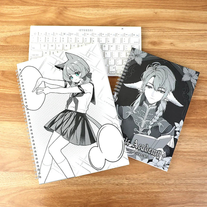 Custom anime sketchbooks with spiral binding on a wooden desk, manga art covers, keyboard