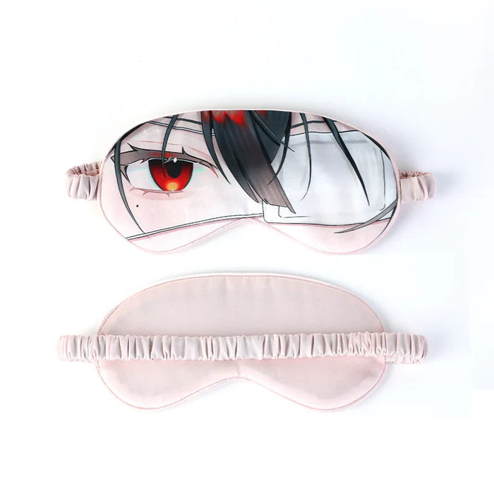 Custom silk-like anime sleep mask with red eye design and elastic strap, displayed front and back.