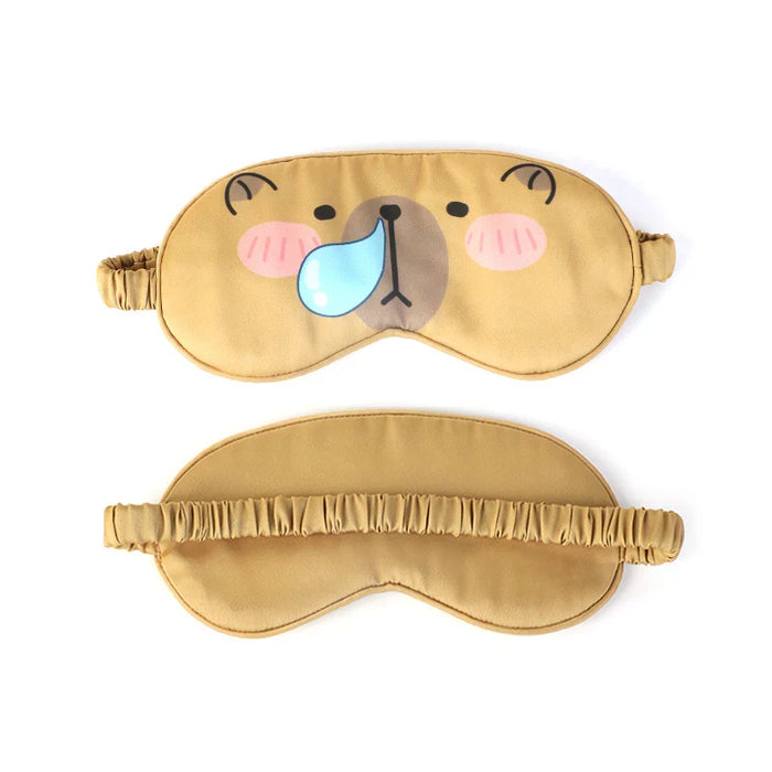 Brown silk-like sleep mask with cute bear face cartoon design, front and back view.
