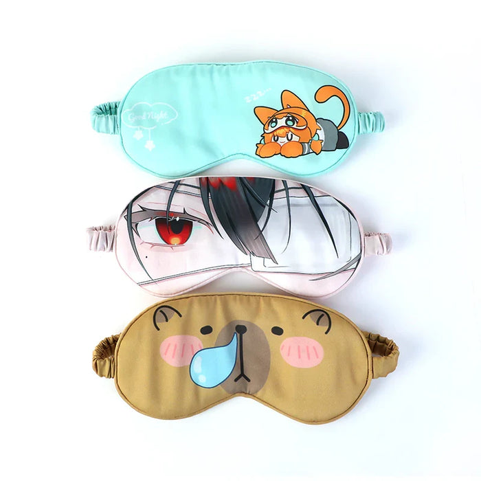 Custom silk sleep masks with cute anime and animal designs, three styles on white background