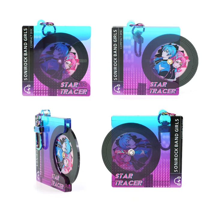 Custom acrylic spinning CD keychains with anime girl designs and vibrant blue-purple casing