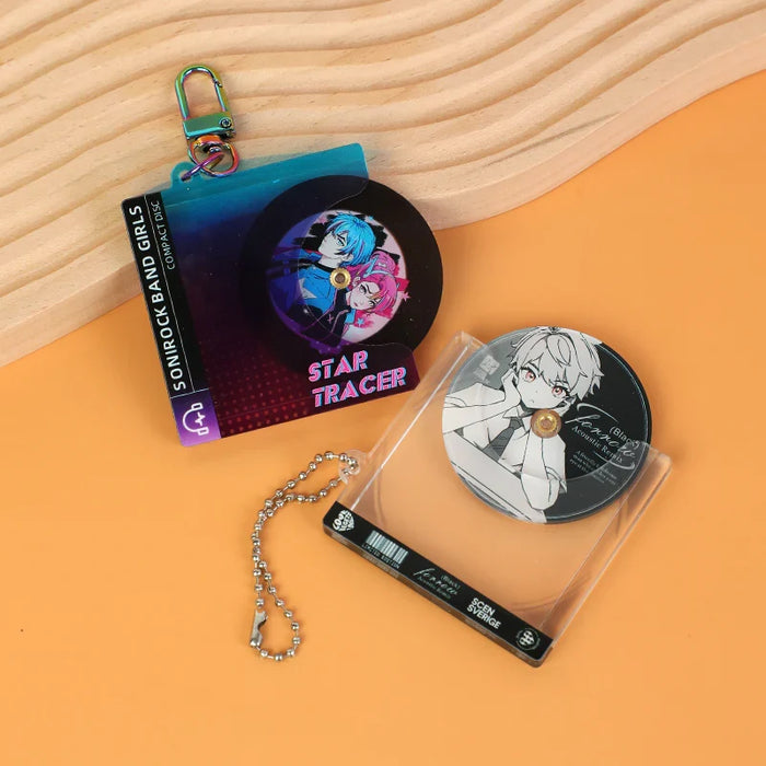 Custom acrylic spinning CD keychains with anime characters on orange background