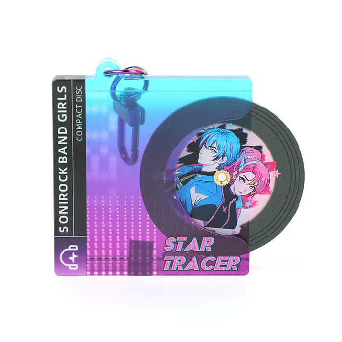 Custom anime spinning CD keychain with colorful acrylic case and illustrated characters