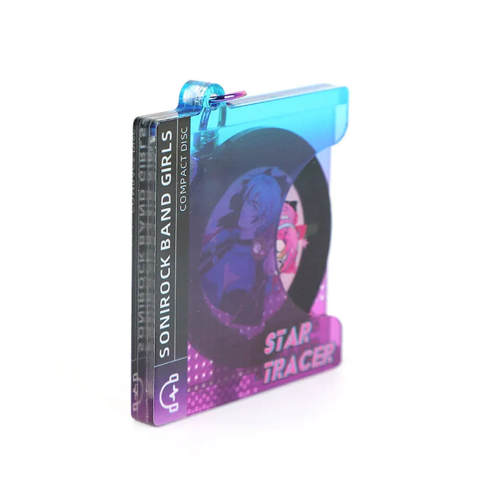 Custom acrylic CD keychain with anime character art, colorful design, and spinning feature.