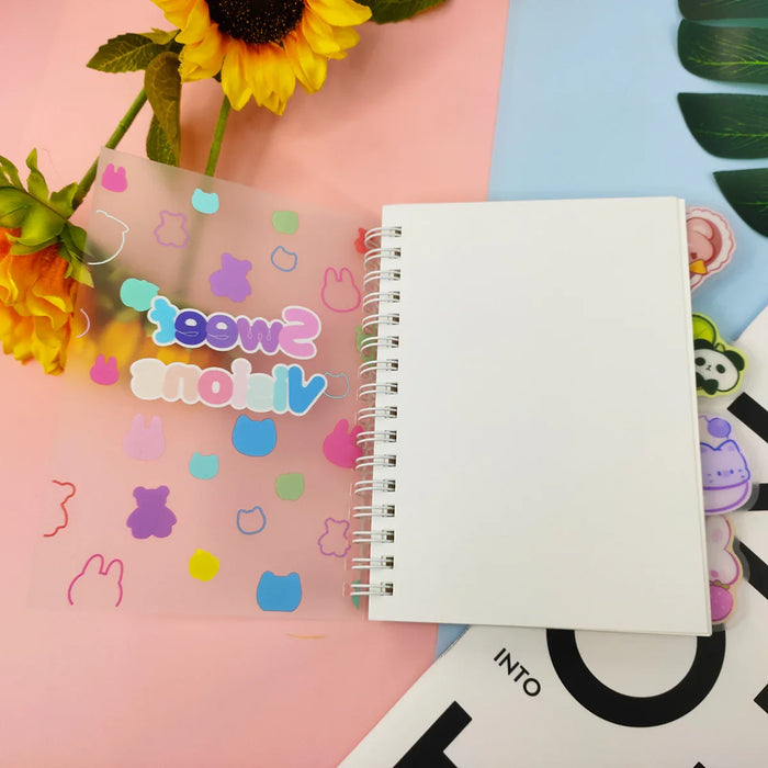 Custom spiral notebook with blank pages, colorful tab dividers, and cute animal designs