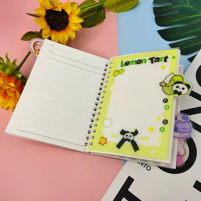 Custom spiral notebook with cute panda tab dividers, lined and decorated pages, sunflowers nearby