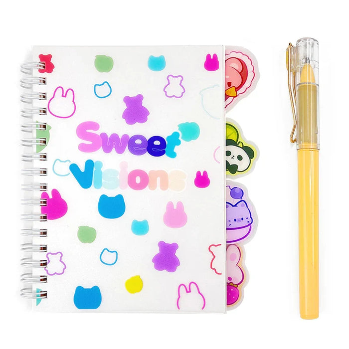 Custom spiral notebook with colorful animal tabs, 'Sweet Visions' cover, and yellow pen