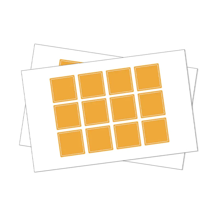 Custom square sheet labels with orange squares on white paper for sticker printing