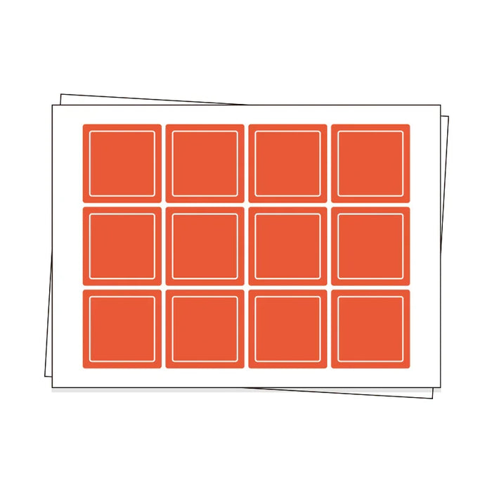 Sheets of custom square adhesive labels with orange squares on a white background