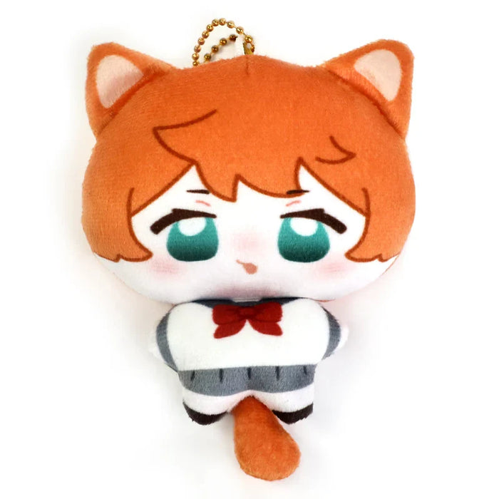 Custom plush anime cat keychain doll with orange hair, green eyes, and school uniform.