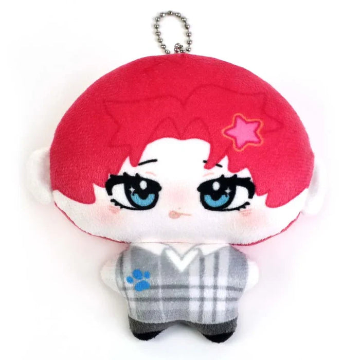 Custom anime plush keychain with red hair, blue eyes, star detail, and plaid outfit