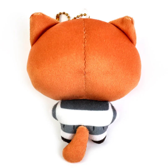 Back view of orange cat plush keychain with striped outfit, soft custom stuffed toy