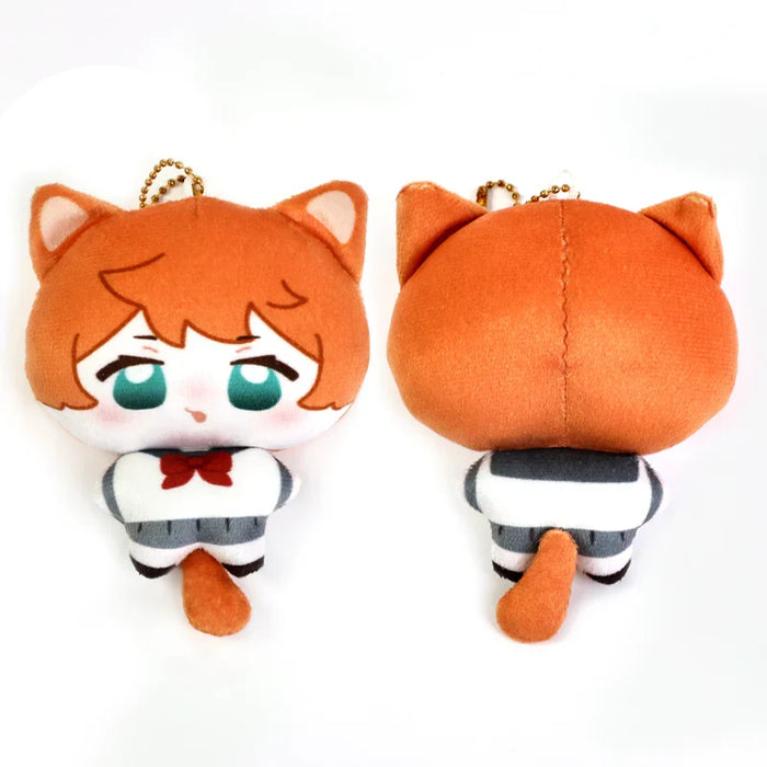 Custom cat plush keychain doll with orange hair, striped outfit, shown front and back.