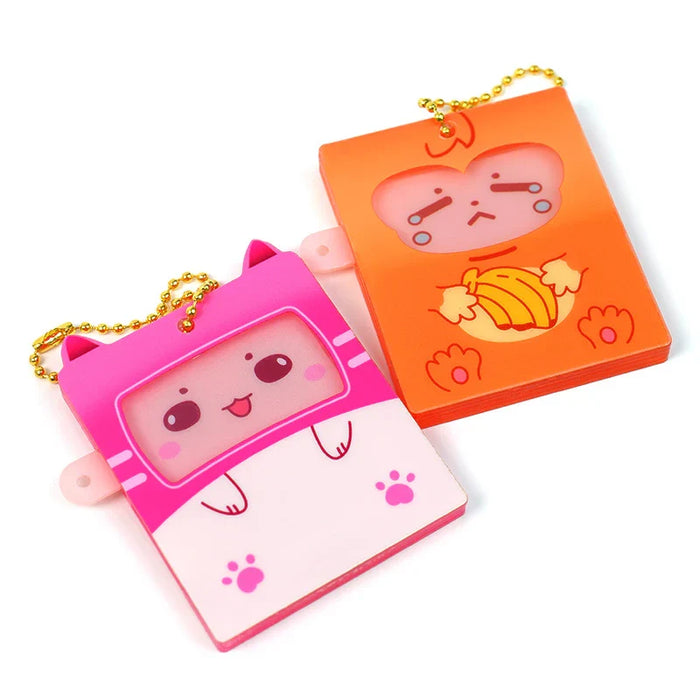 Custom acrylic keychains with cute animal designs, pink cat and orange bear, gold chains