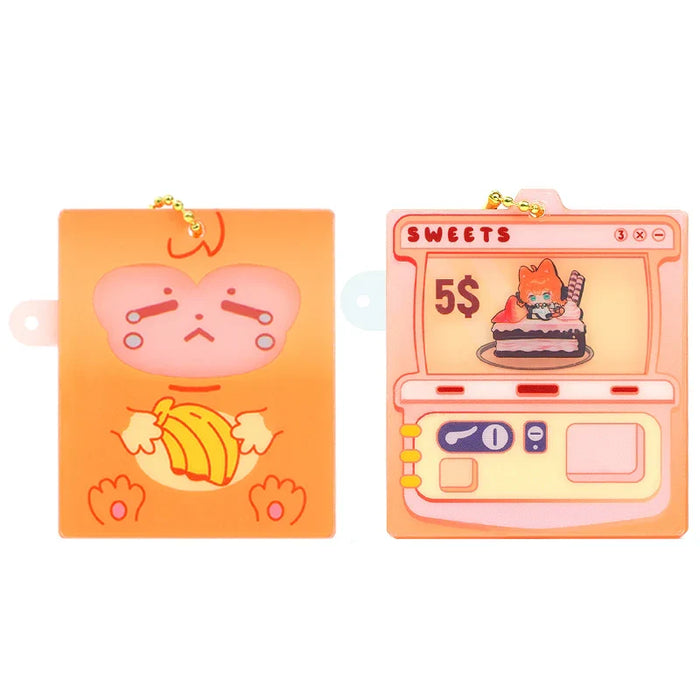 Custom switchable acrylic keychains featuring cute cartoon designs and pastel orange colors.