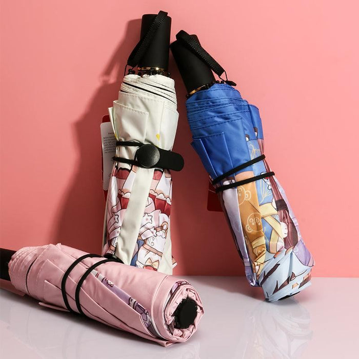 Custom printed anime umbrellas with colorful designs on a pink background