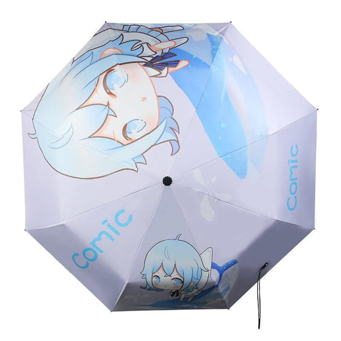 Custom anime umbrella featuring blue-haired chibi character and 'Comic' text design