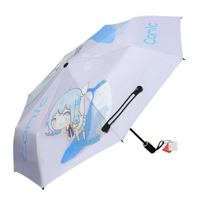 Custom printed umbrella with blue anime character and whale design, foldable, open view