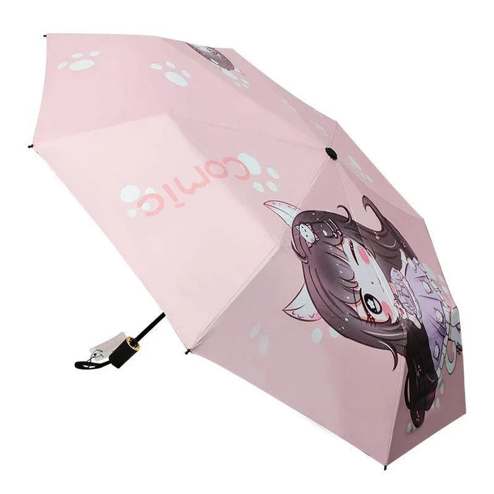 Pink custom anime umbrella with cute cat girl illustration and white paw prints, open view