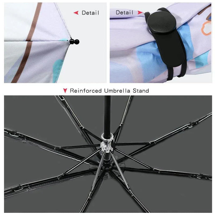 Close-up of custom umbrella fabric, strap, and reinforced metal umbrella stand.