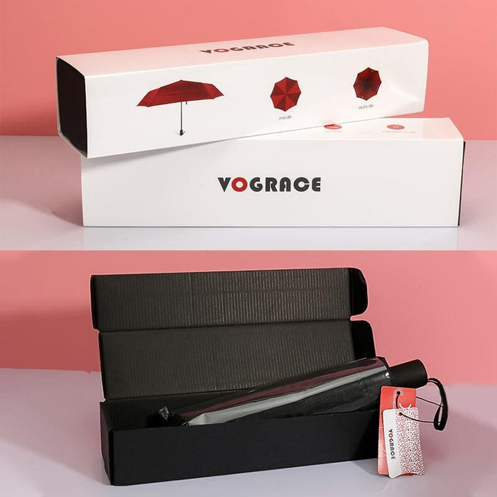 Custom red umbrella in branded gift box with VOGRACE logo and product tag, ideal for gifts.