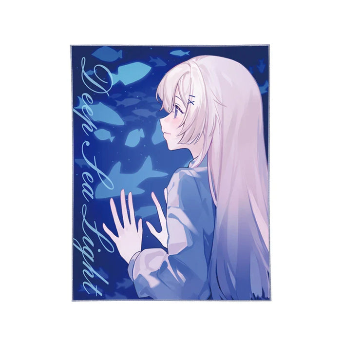 custom tapestry featuring anime girl with long hair and underwater fish design, deep blue theme