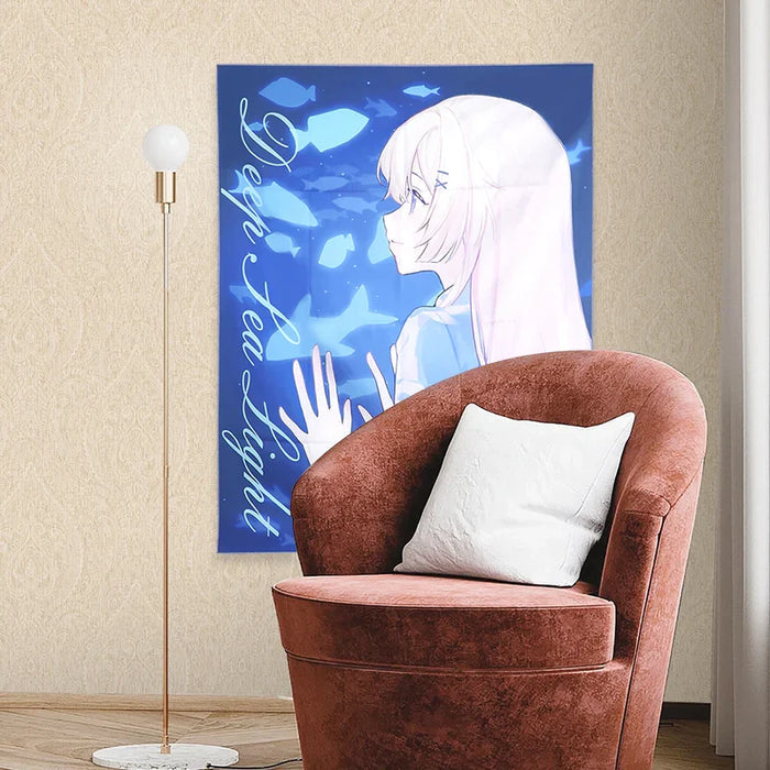 Custom anime wall tapestry with blue ocean theme and girl illustration, displayed in a living room