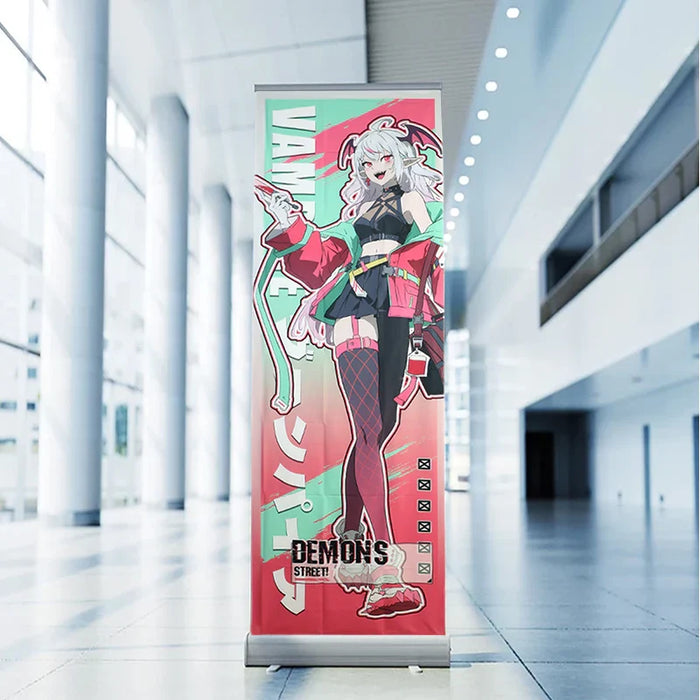 Custom anime tapestry with demon girl character in modern hallway, vibrant colors, Demon's Street text