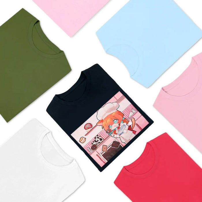 Assorted cotton crew neck t-shirts, one black shirt with cute anime baker print at center.