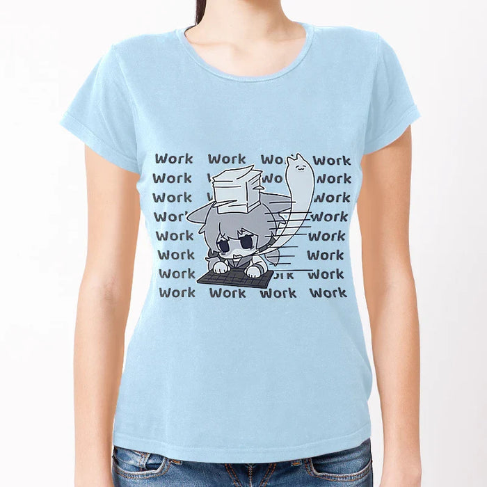 Light blue women's cotton t-shirt with anime cat and 'Work' text graphic print